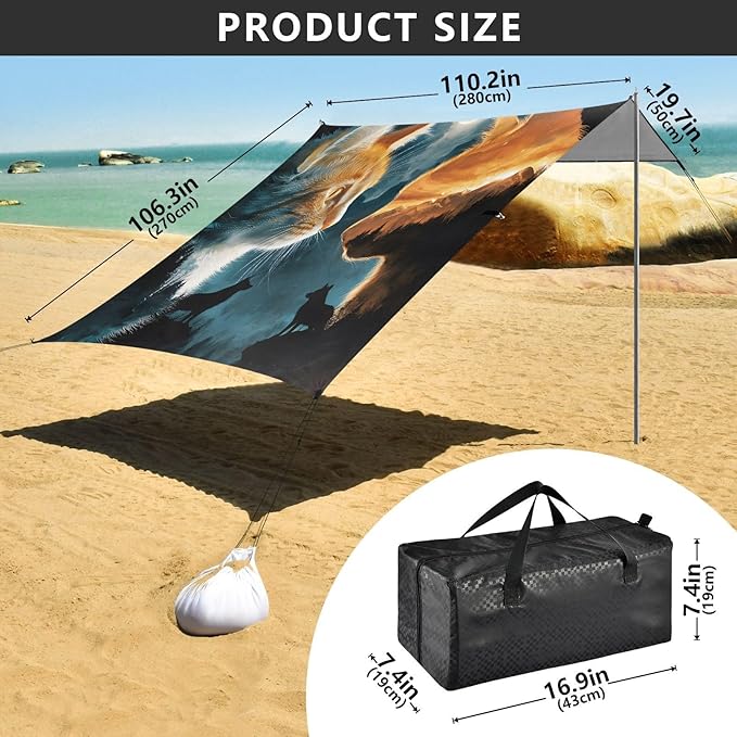 ALAZA Cat Wolf Moon Beach Tent Sun Shelter Portable Canopy Sunshade for Outdoor Camping Picnics Backyard Fun 10x9 ft