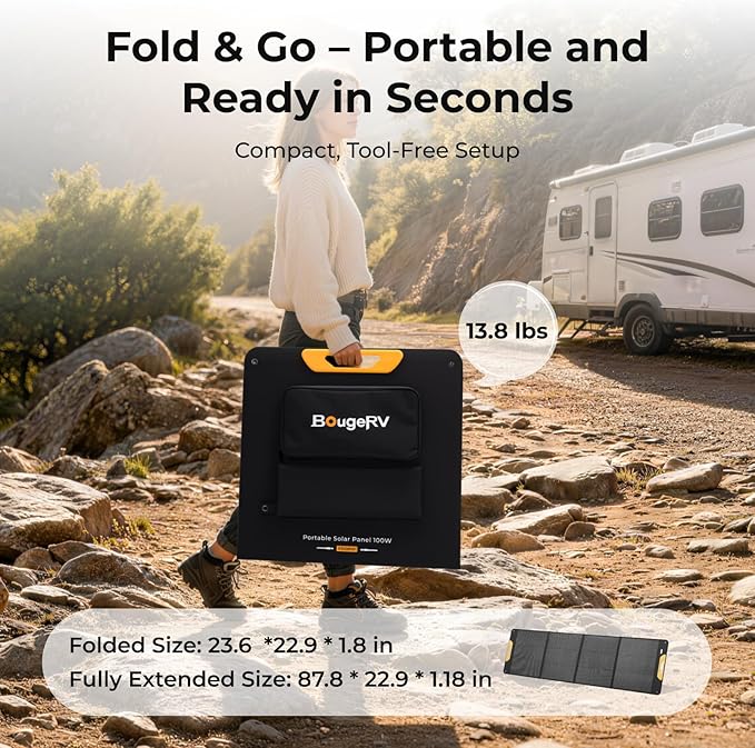 BougeRV 200W Portable Solar Panel Fiberglass Solar Charger Up to 25% Conversion Hight Efficiency N-Type Foldable Solar Panel IP65 Water Resistant for Camping RV Van Boat Hiking &amp Off-Grid