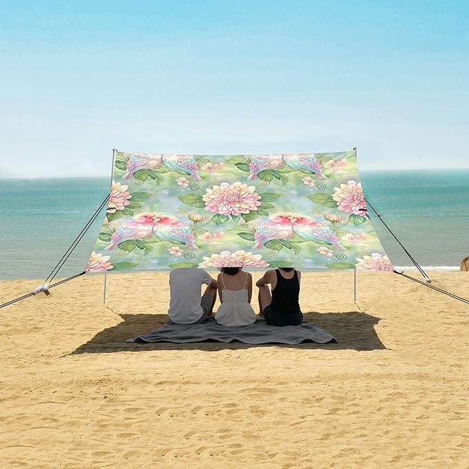 Birds Beach Canopy Sun Shelter with Sandbags &amp Sand Shovel &amp Windproof Ropes - Portable 110x126 Beach Shade Beach Tent for Camping Picnics
