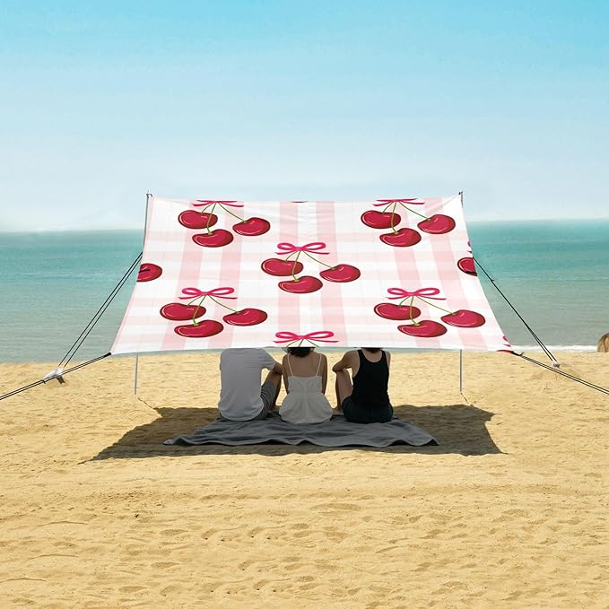 Beach Canopy with Windproof Ropes &amp Sandbags Beach Tent Sun Shade Sun Shelter for Camping Trips Fishing Backyard Fun or Picnics Cherry