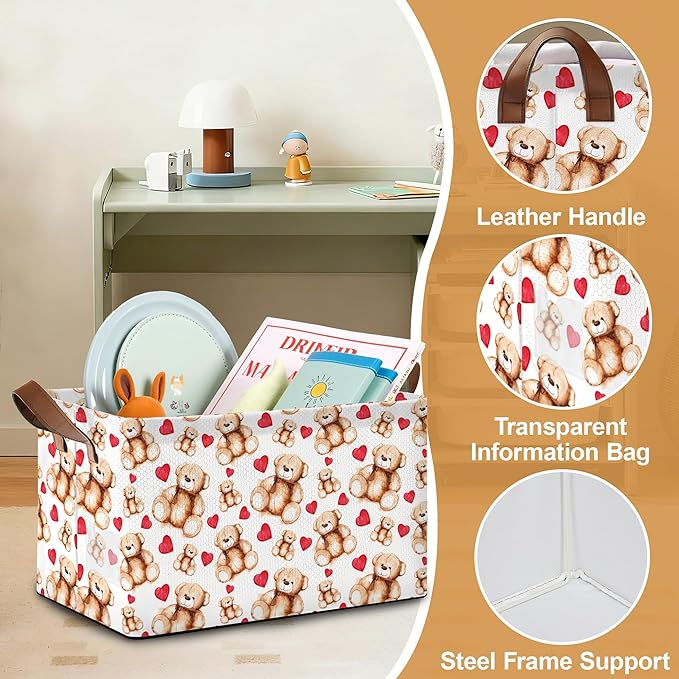 Bear Heart Storage Bin with Handles Valentines Love Basket Storage Organizer for Shelves Closet Nursery Book Laundry Hamper &amp Home Decor