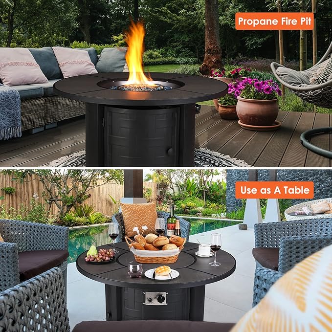TLGREEN Propane Fire Pit Table 42 Inch Round – 50000 BTU Outdoor Fire Pit with Lid Converts to Patio Coffee Table Certified Includes Waterproof Cover &amp Blue Fire Glass