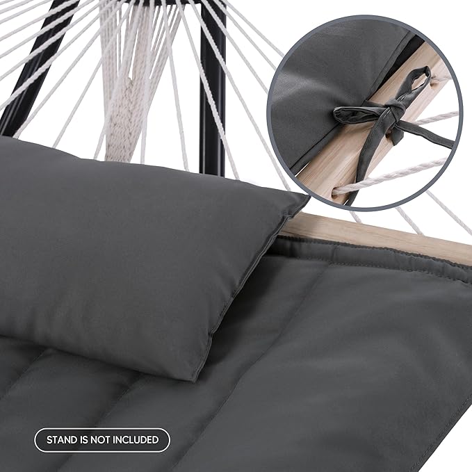 SUNCREAT Hammocks 2 Person Hammock with Hardwood Spreader Bar Double Rope Hammock with Polyester Pad Dark Gray