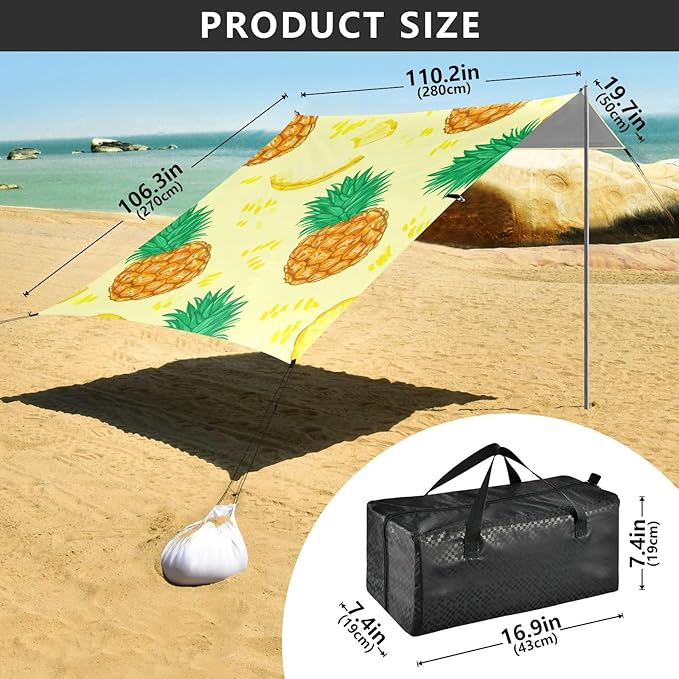 Beach Canopy with Windproof Ropes &amp Sandbags Beach Tent Sun Shade Sun Shelter for Camping Trips Fishing Backyard Fun or Picnics Pineapple