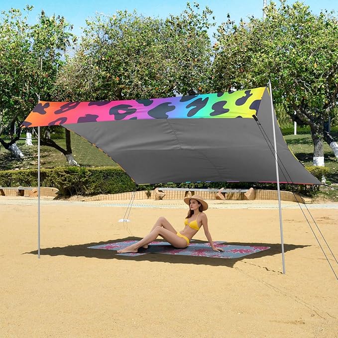 ALAZA Leopard Skin Spots Rainbow Color Beach Tent Sun Shelter Portable Canopy Sunshade for Outdoor Camping Picnics Backyard Fun 10x9 ft