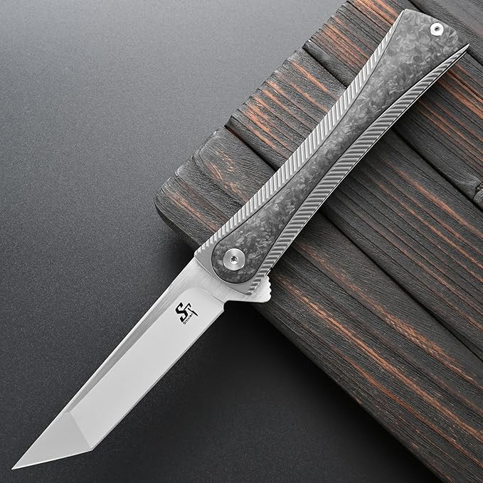 Sitivien ST994 Folding KnifeHandmade M390 Brushed Steel Blade Titanium Carbon Fiber Handle EDC Tool Knife for Outdoor Camping Hiking Survival Working(Gray)