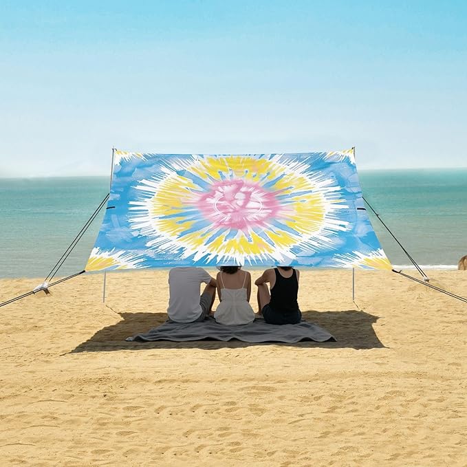 ALAZA Tie Dye Colorful Beach Tent Sun Shelter UPF50+ Protection Beach Shade Canopy w/ 4 Sandbags for Outdoor Camping Fishing Backyard Fun Picnic 10x9 ft