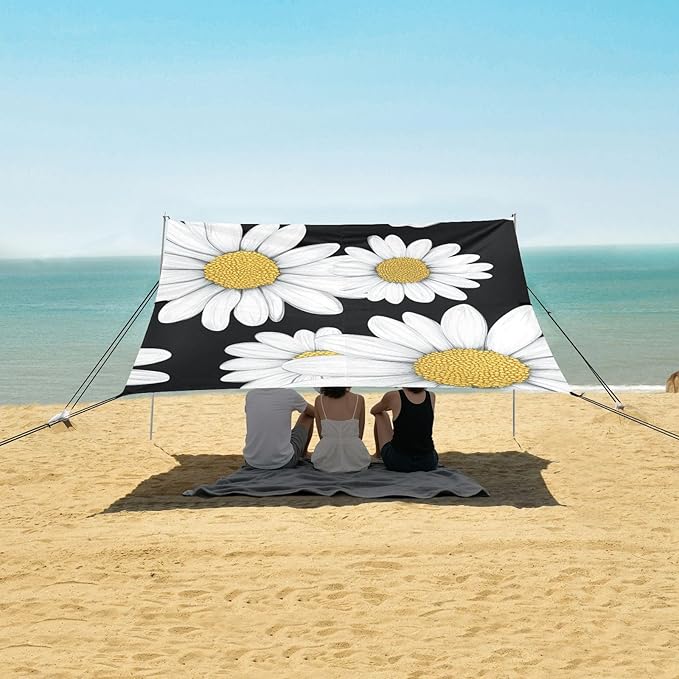 ALAZA Beautiful Daisy Flower on Black Beach Tent Sun Shelter Portable Canopy Sunshade for Outdoor Camping Picnics Backyard Fun 10x9 ft