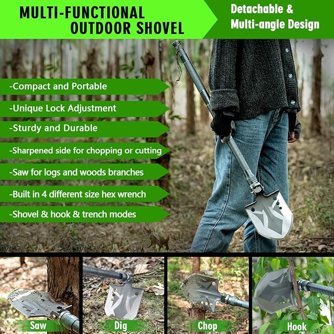 ZENHOSIT Multifunctional Folding Tactical Shovel Hatchet Combo - With Axe Flashlight Extension Handles - For Camping Cycling Hiking - 19.3-40.9 Inches