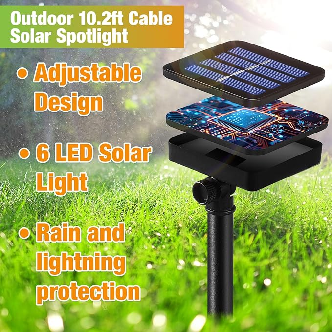 Tujoe 2 Sets Solar Spot Lights Outdoor 10.2ft Cable Landscape Lights Solar Spotlight Lawn Lights Solar Pond Lights Auto On/off 6 LED Waterproof Adjustable for Garden Yard Pool