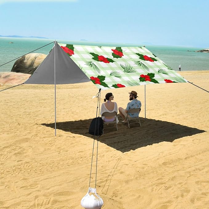 xigua Cherry Beach Tent Sun Shelter with Carrying Bag - Silver Coated Oxford Fabric Beach Canopy for Beach Camping Fishing - Includes Windproof Ropes Sandbags &amp Stakes