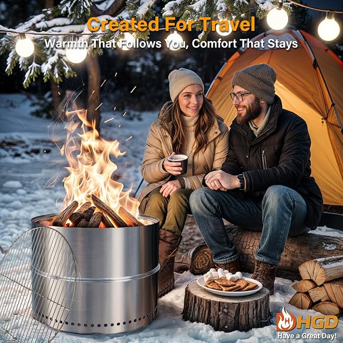HGD 19.5 Inch Smokeless Firepit with Grill Portable Wood Burning Fire Pit for Camping &amp Backyard Stainless Steel Outdoor Fireplace with Travel Bag Easy Setup &amp Compact Storage - Foldable De