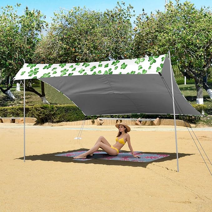 St Patrick's Day Clovers Beach Tent Sun Shelter Set UPF50+ UV Protection 10.5 x 9.19 FT Camping Shade Canopy with Sandbags Sand Anchors Carrying Bag and Others