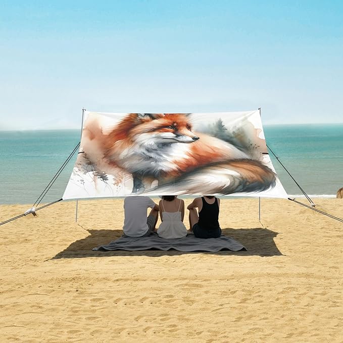 ALAZA Fox Watercolor Animal Beach Tent Sun Shelter UPF50+ Protection Beach Shade Canopy w/ 4 Sandbags for Outdoor Camping Fishing Backyard Fun Picnic 10x9 ft