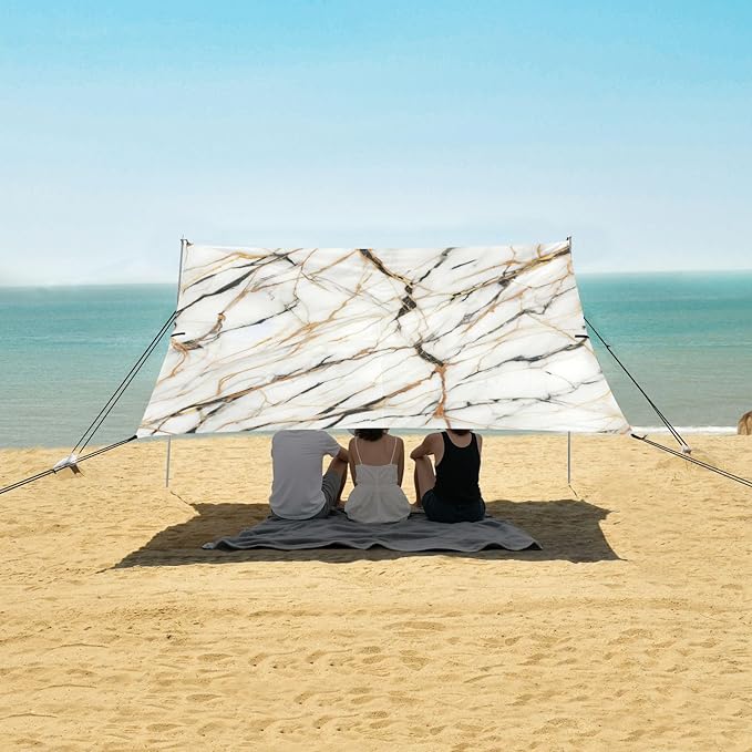 White Golden Marble Beach Tent Sun Shelter Set UPF50+ UV Protection 10.5 x 9.19 FT Camping Shade Canopy with Sandbags Sand Anchors Carrying Bag and Others