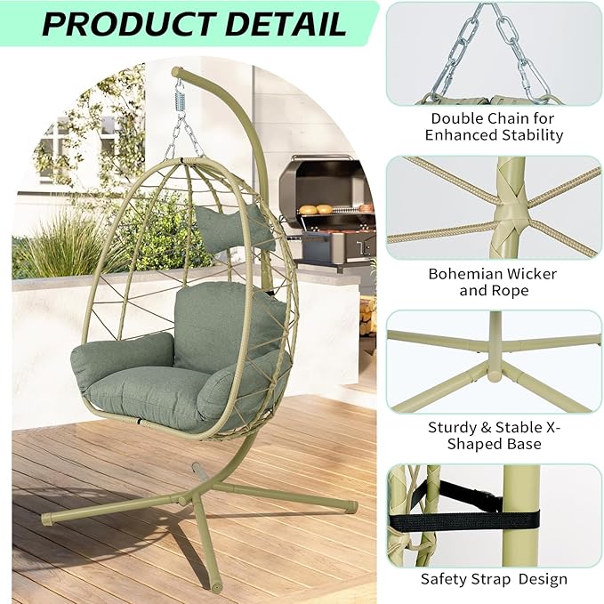 Hanging Egg Chair with Stand Outdoor Indoor Patio Rattan Swing Hammock Chairs with Washable Cushion PE Wicker Swing Chair for Backyard Bedroom Garden (Cyan + Dark Green Cushion No Footrest)