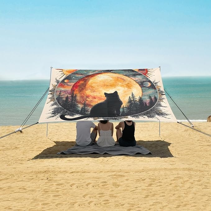 ALAZA Black Cat Moon Witch Beach Tent Sun Shelter UPF50+ Protection Beach Shade Canopy w/ 4 Sandbags for Outdoor Camping Fishing Backyard Fun Picnic 10x9 ft