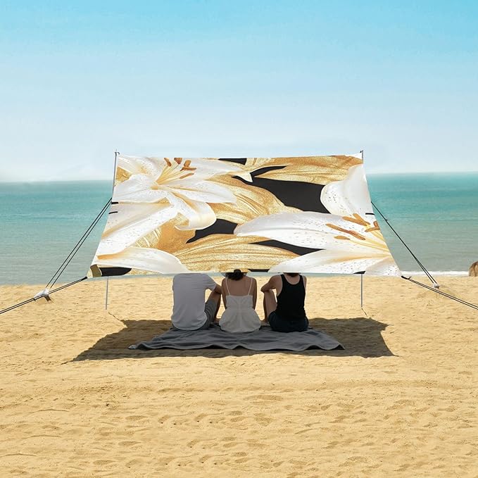 ALAZA White Golden Lily Beach Tent Sun Shelter Portable Canopy Sunshade for Outdoor Camping Picnics Backyard Fun 10x9 ft