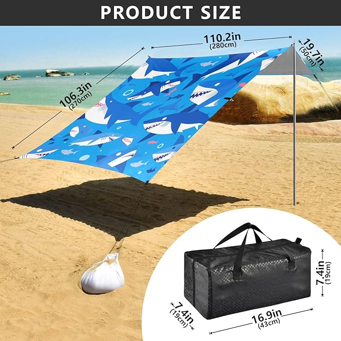 Shark Ocean Blue Beach Canopy UPF50+ Water-Resistant Sun Shelter with Sandbags &amp Sand Shovel for Camping Picnics Backyard