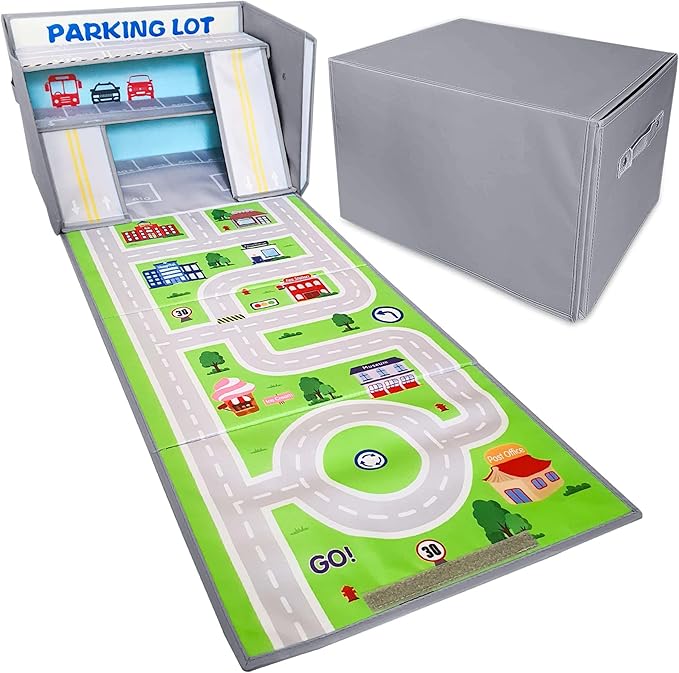 SAM AND MABEL Toy Car Garage Box with Play Mat – Kids' Racecar Storage Basket Stackable and Collapsible Organizer Bin (Cars Not Included) Gray