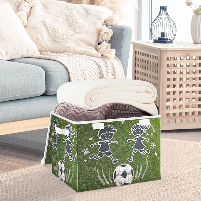Green Kids Soccer Grass Star Storage Box with Lid 1 PC Foldable Storage Bin with Lids Stackable Storage Bins Cube Closet Organizer Basket with Flip-Top Lid &amp Handles for Shoes Books Towels