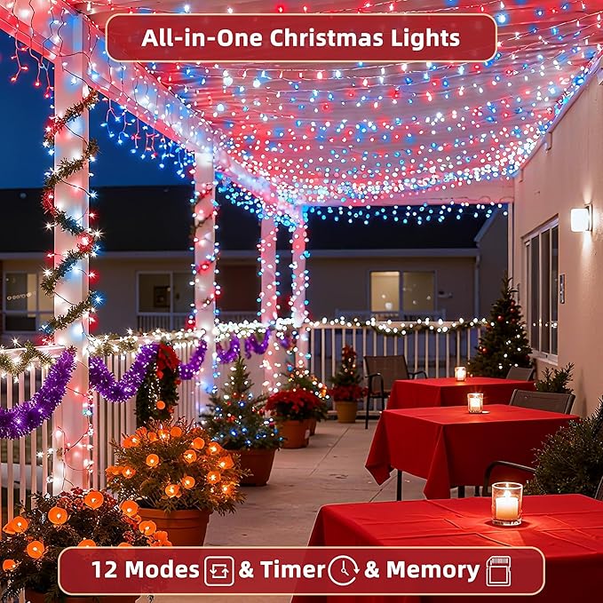 240FT Christmas Lights Outdoor 750 LED Christmas Tree Decoration Lights with 12 Modes &amp Timer Memory Dimmable Plug In Waterproof LED Xmas Light for Yard Wedding Party Holiday Red White &amp Blu