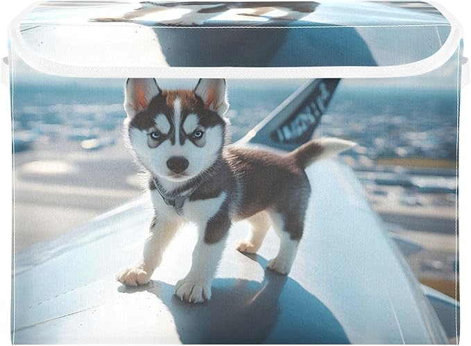 AIXIWAWA Lidded Storage Cube (Husky on Plane) Fabric Foldable Closet Bins with Flip Lid and Handles Organizer Basket Container 16.5 x 12.6 x 11.8 IN