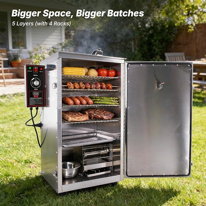 HAKKA Commercial Vertical Electric Smoke Oven for BBQ Grill Smoker 4 Rack 1000W Outdoor Indoor Home Cooking Pastrami Sausage Bacon Smoked Chicken Smoked Pork (DSH-S20B)