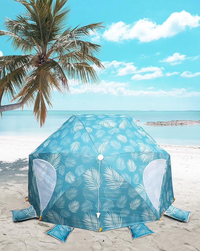 OutdoorMaster Update Pop Up Beach Umbrella Portable Beach Tent Shelter Beach Shade Sun Canopy with UPF 50+ UV Protection Extendable Floor with Carrying Bag - Blue Feathers