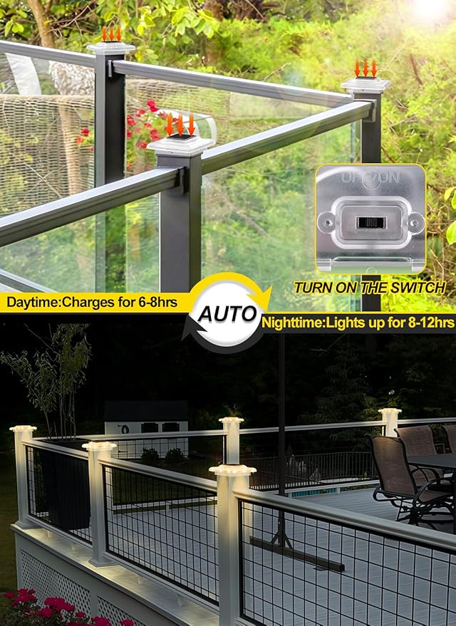 T-SUN Solar Post Cap Lights 4x4 Deck Post Solar Powered Lights 12 Packs IP65 Waterproof Outdoor for Stairs Steps Railings Vinyl &amp Wood Fence Tops Yard Patio Auto Dusk to Dawn (Warm White)