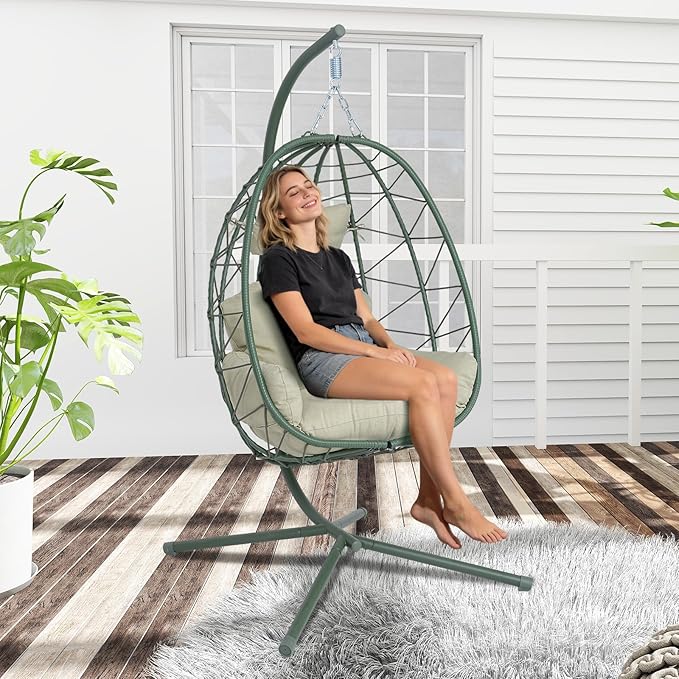 Hanging Egg Chair with Stand Outdoor Indoor Patio Rattan Swing Hammock Chairs with Washable Cushion PE Wicker Swing Chair for Backyard Bedroom Garden (Dark Green + Cyan Cushion No Footrest)