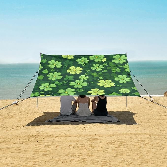 St Patrick's Day Clovers Beach Tent Sun Shelter Set UPF50+ UV Protection 10.5 x 9.19 FT Camping Shade Canopy with Sandbags Sand Anchors Carrying Bag and Others