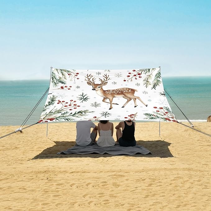 ALAZA Christmas Fawn Pine Needles Beach Tent Sun Shelter UPF50+ Protection Beach Shade Canopy w/ 4 Sandbags for Outdoor Camping Fishing Backyard Fun Picnic 10x9 ft