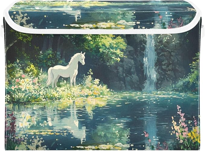 Storage Cube with Lid Lake White Horse Print 16.5×12.6×11.8 IN 1 Pack Collapsible Large Capacity Foldable Storage Basket Bin Organizer