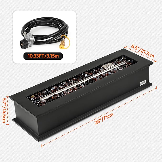 Onlyfire Loom X Propane Fire Pit Table with Stainless Steel Burner and Decorative Fire Glass Beads - 28 Inch Rectangular Tabletop Gas Fireplace (Side Connected)