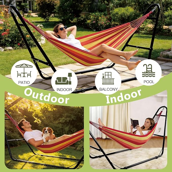 Double Heavy Duty Steel Hammock Stand Only 550 Pound Capacity Portable Easy Assembly Adjustable for Indoor Yard Camping or Outdoor Patio LBS(Black)