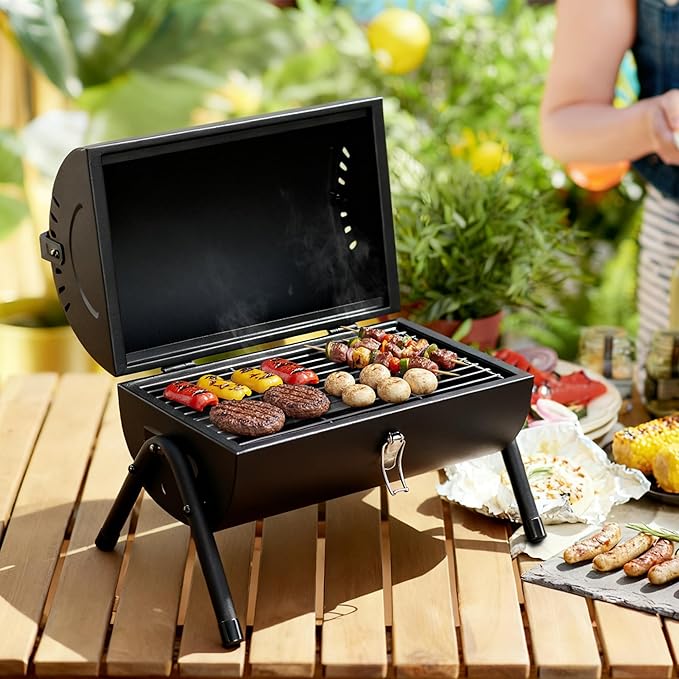 Royal Gourmet CC1015W Portable Charcoal Grill 147 sq. in. Cooking Grid Wooden Handle Tabletop BBQ Grill for Outdoor Barbecue Camping Picnic Backyard Patio Black