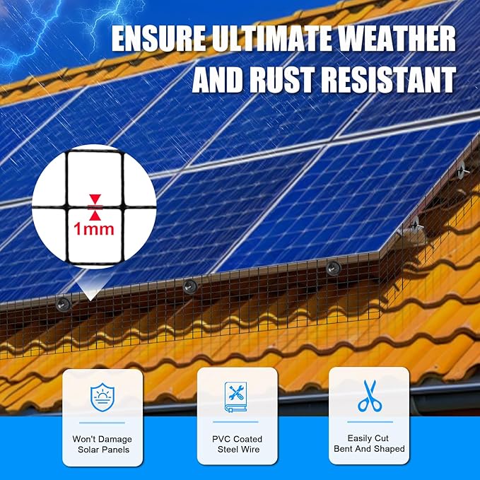 4in X 100ft Solar Panel Bird Guard - 1/2 Black PVC Mesh Galvanized Rust-Resistant Net Critter Guard for Solar Panels with 70 Fastener Clips Gloves Cutting Pliers