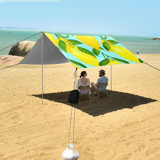 Beach Canopy with Windproof Ropes &amp Sandbags Beach Tent Sun Shade Sun Shelter for Camping Trips Fishing Backyard Fun or Picnics Lemon
