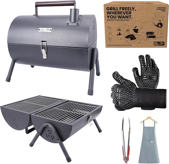 AGG Portable Charcoal Grill - 2-in-1 Tabletop BBQ &amp Griddle Combo - Compact Mini Barrel Grill for Camping Balcony &amp Tailgating - Includes Apron Heat-Resistant Gloves &amp Tongs -Small Outdo