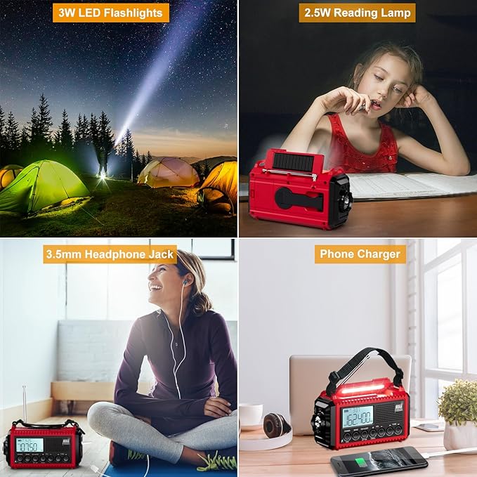 Raynic Emergency Radio 5000mAh/18500mWh Weather Radio Solar Hand Crank Emergency Radio with AM/FM/SW/NOAA Cell Phone Charger Headphone Jack Flashlight Type-C Charging and SOS Siren for Hurricane