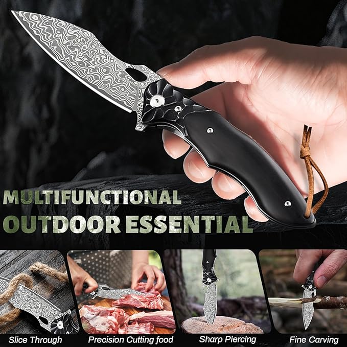 Pocket Knife for Men Hunting knife with sheath Damascus Steel Folding knife with Ebony Wood Handle Survival EDC Knife for Fishing Meat Cutting Tactical Knife for Outdoor Camping Hiking