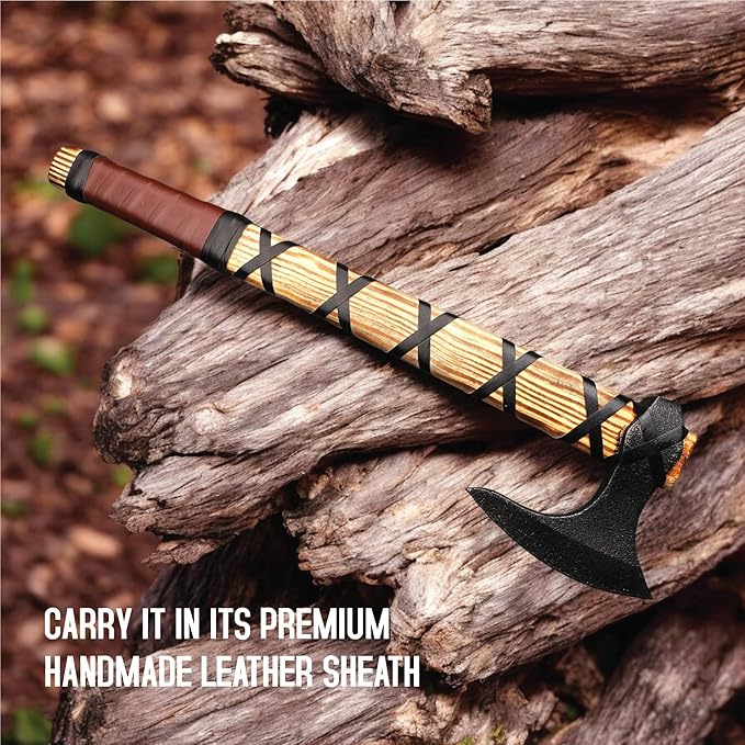 Viking Axe of Ragnar Lothbrook Carbon Steel Blade Rosewood Handle Camping Axe Viking Axes Hatchet Real Tomahawk Gift Wood Splitting Axe Birthday Gift with Premium Leather Sheath