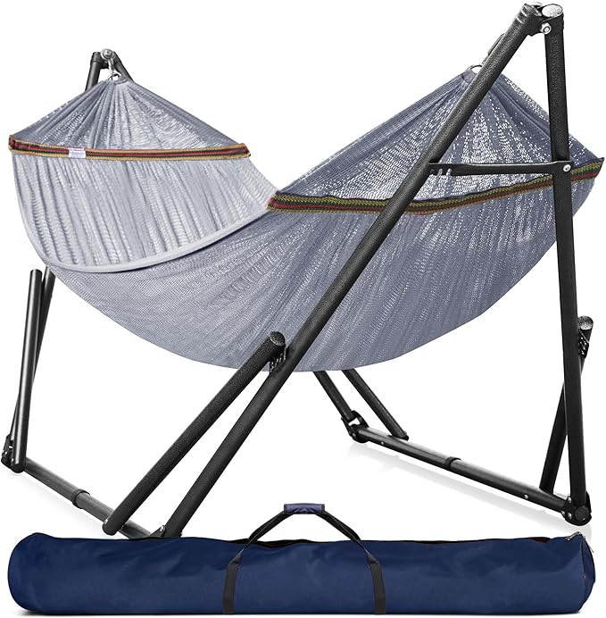 Tranquillo Universal Double Hammock with Stand Included for 2 Persons/Foldable Hammock Stand 600 lbs Capacity Portable Case - Inhouse Outdoor Camping Grey