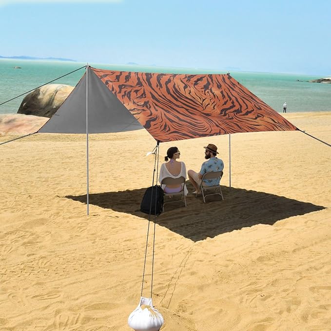 Tigers Print Style DarkRed Beach Cabana Tent UPF50+ Protection Lightweight Sun Shelter Includes Sand Shovel Sandbags Stability Poles for Camping Trips Fishing Backyard Fun or Picnics