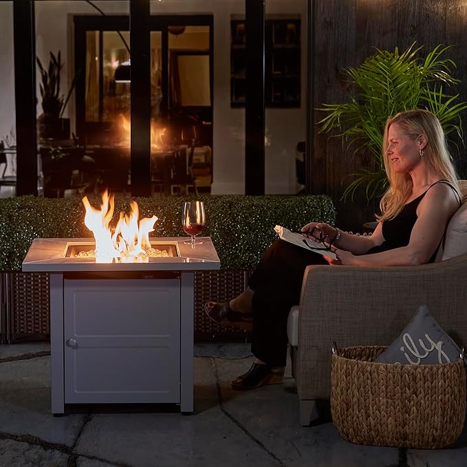 Endless Summer 30 Inch Square Outdoor Gas Fire Pit Table with Marble Mantel Slate Finish White Fire Glass and Protective Cover