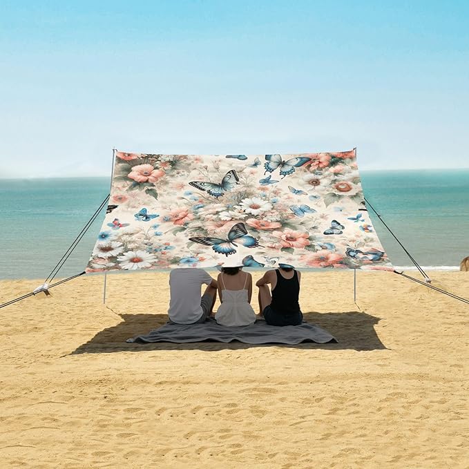 Artistic Butterfly Flowers Beach Tent Sun Shelter Set UPF50+ UV Protection 10.5 x 9.19 FT Camping Shade Canopy with Sandbags Sand Anchors Carrying Bag and Others