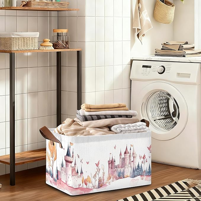 Forest Castle Storage Bin with Handles Basket Storage Organizer for Shelves Closet Nursery Book Laundry Hamper &amp Home Decor