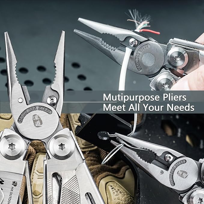 HX OUTDOORS 19 In 1 Multi Tool Pocket Knife Set Stainless Steel Multitool Pliers with Fire Starter and Glass Breaker Folding EDC Camping Survival Tools for Men (Silver)