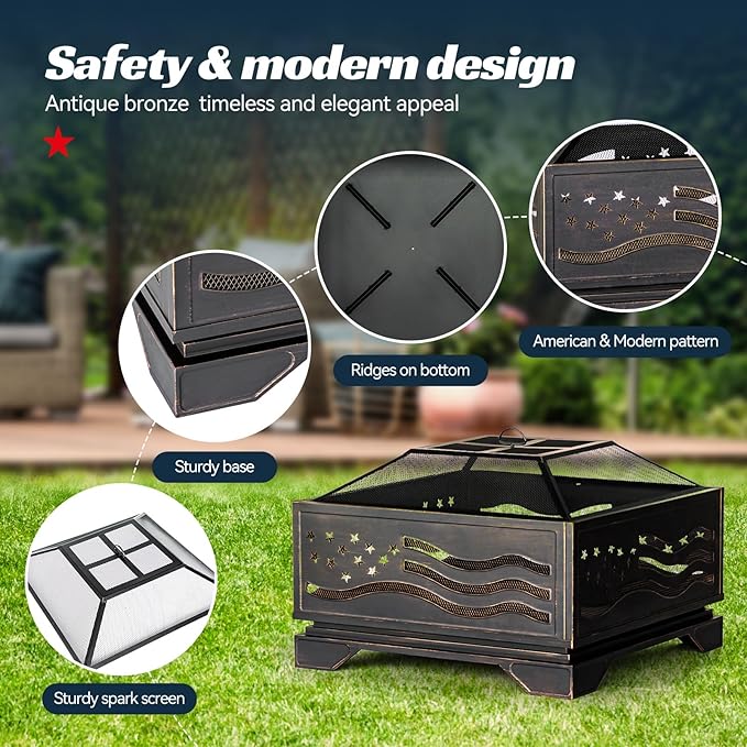 Verdeluxe 32Inch Square-Shaped Fire PitOutdoor Fire Pits with Spark Screen&ampPokerMetal Square Wood Burning Firepits for OutsideBackyardBonfirePatioPartyGardenPicnic and Camping(Antique Bron